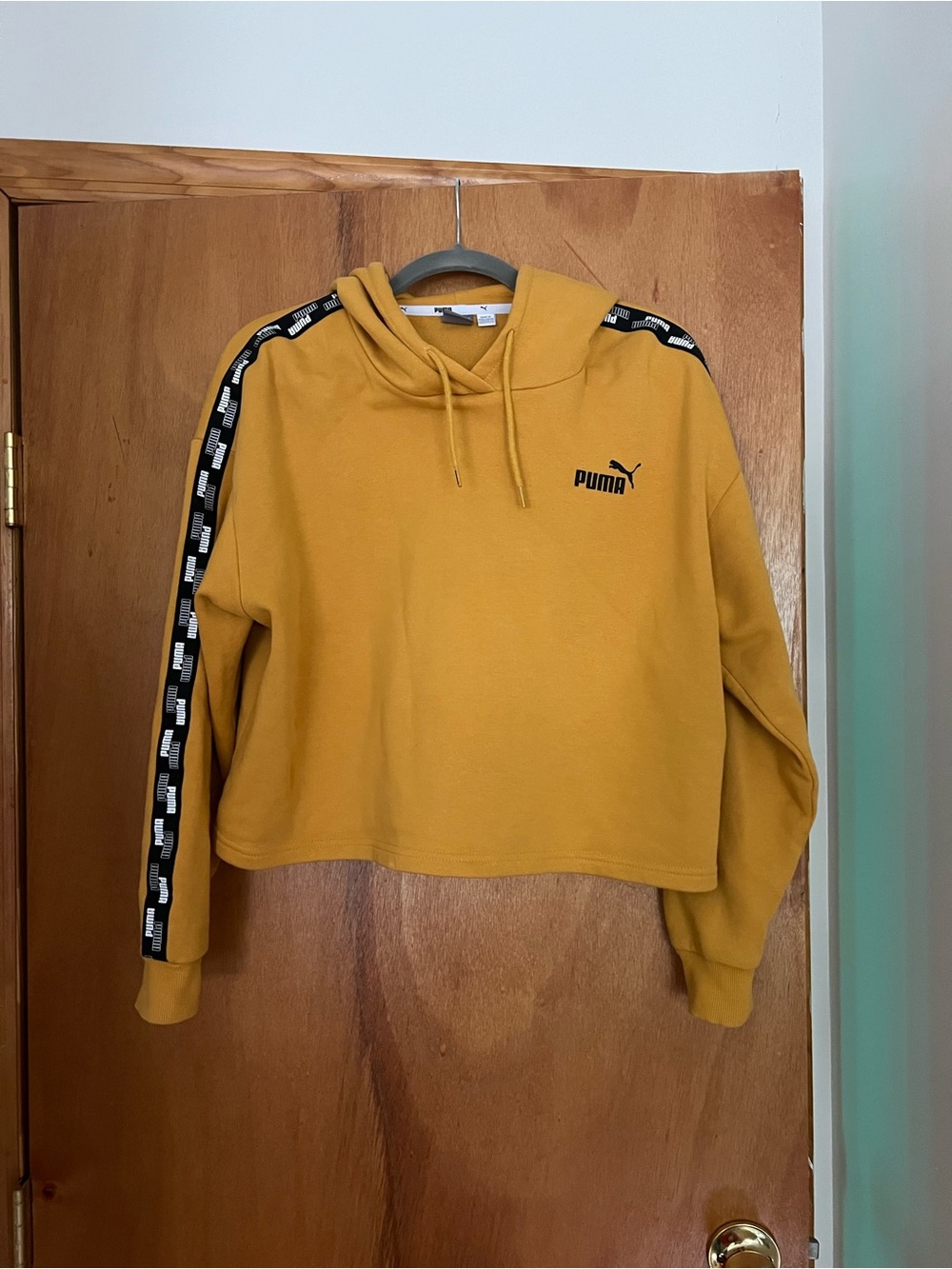Puma Women's Mustard Yellow Cropped Hoodie with Logo Tape